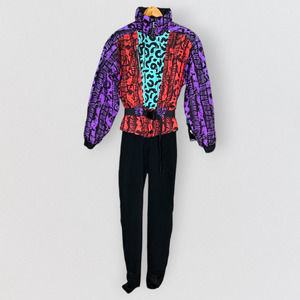 OBERMEYER 80s Vintage Women's Ski Snow Suit Jacket Pants Print Multicolor Sz 10L